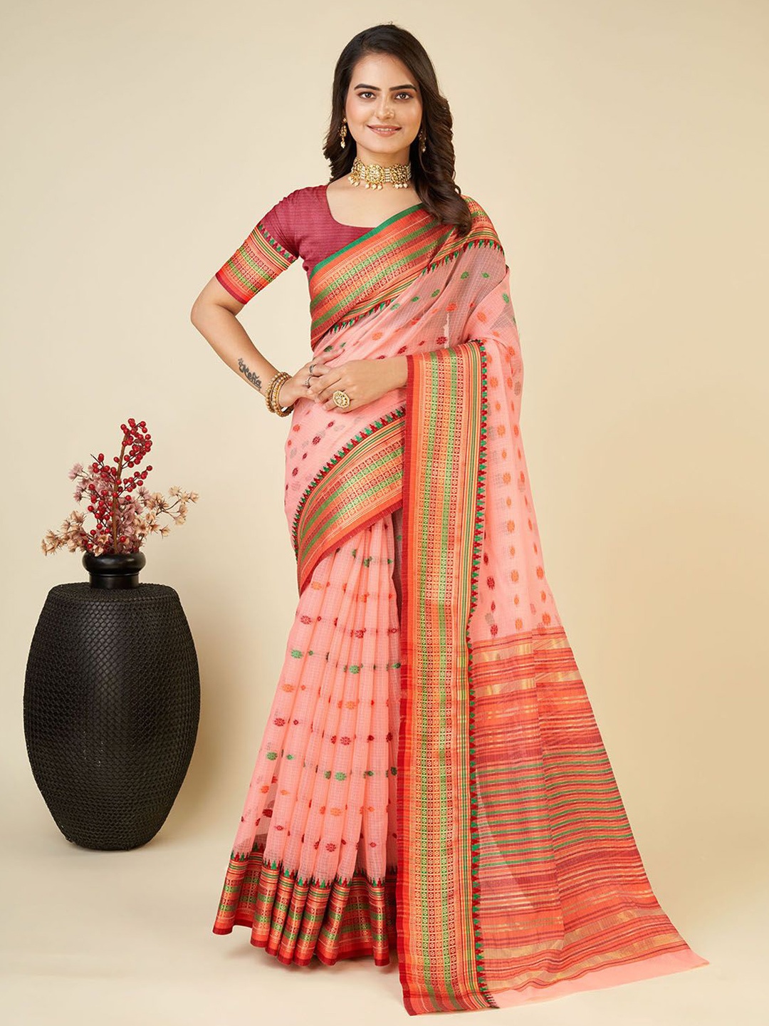 

Mitera Woven Design Zari Silk Cotton Kota Saree, Pink