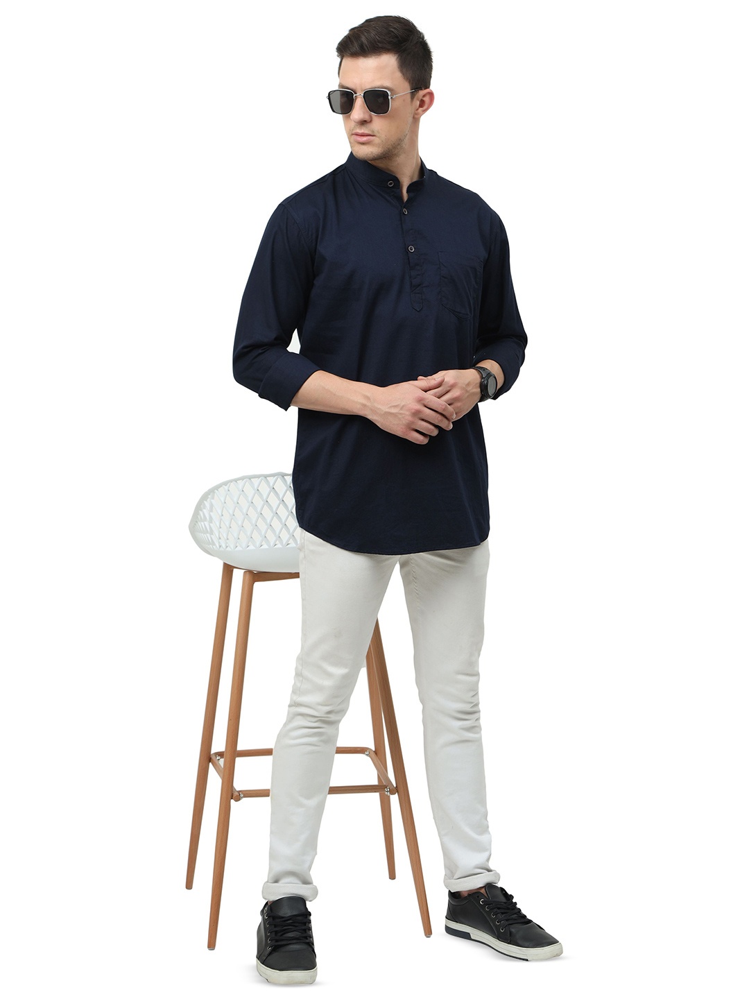 

MIRAAN Men Cotton Short Kurta, Navy blue