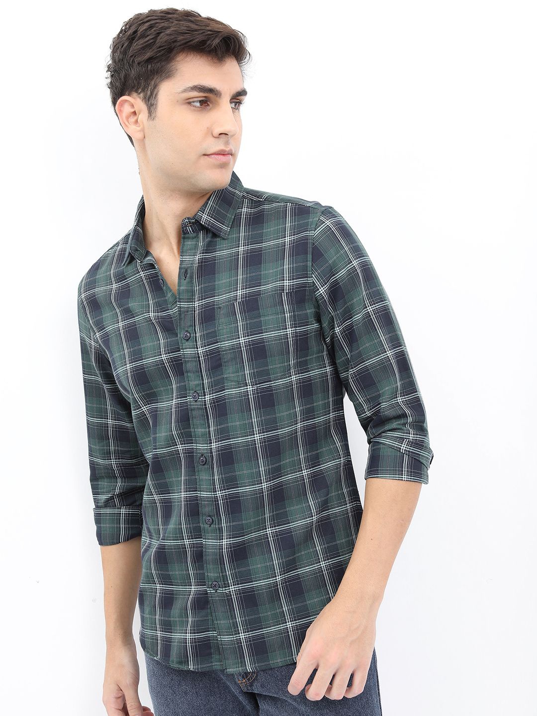 

HIGHLANDER Men Spread Collar Tartan Checked Cotton Slim Fit Casual Shirt, Green