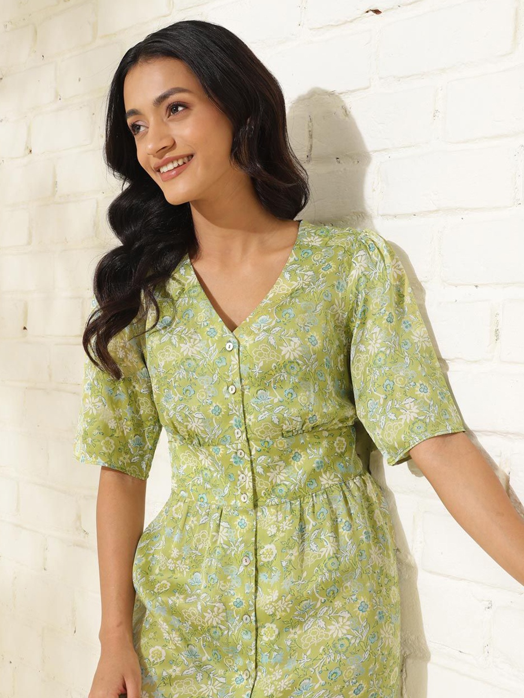 

Fabindia Ethnic Motif Fit & Flare Puff Sleeve Dress, Green