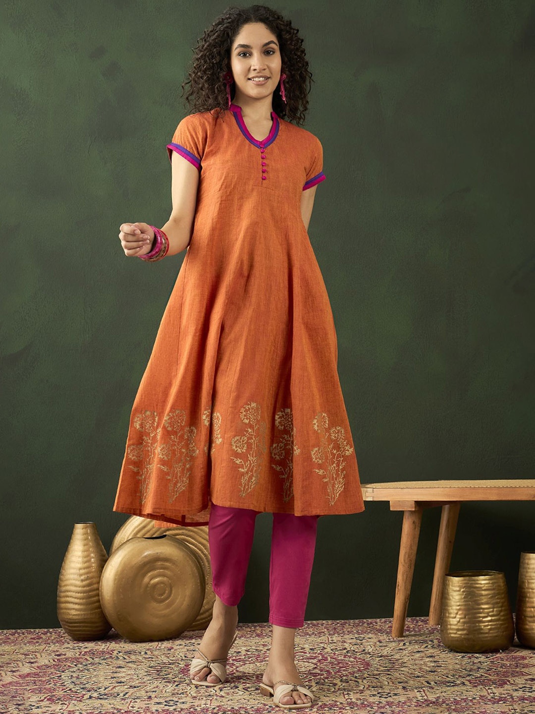 

Sangria Printed Cotton A-Line Anarkali Kurta, Orange