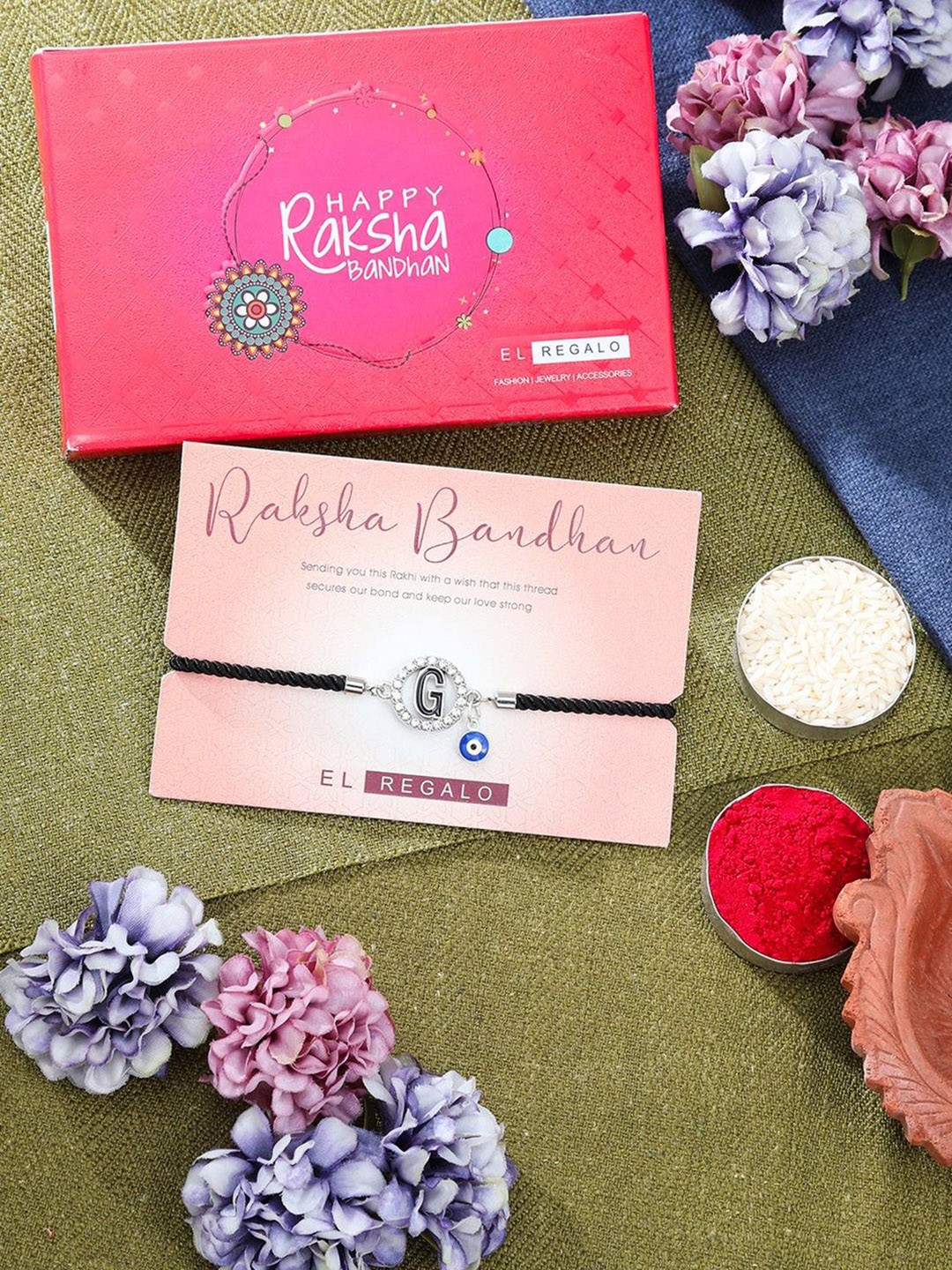 

EL REGALO G Letter Charm Rakhi Gift Set, Silver