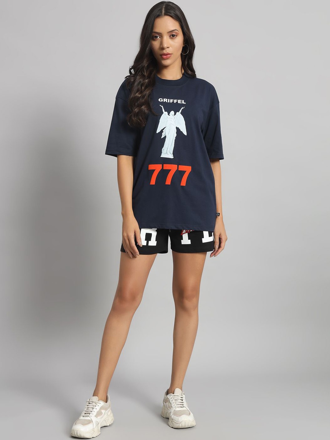 

GRIFFEL Printed Round Neck T-Shirt With Shorts Co-Ords, Navy blue