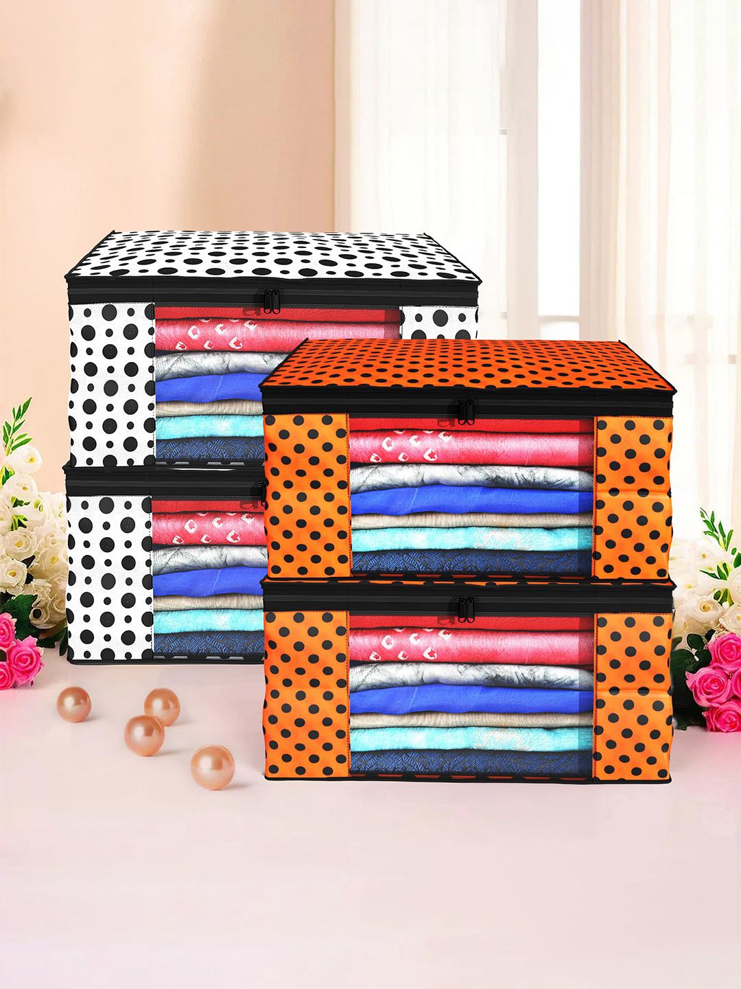 

Kuber Industries White & Orange 4 Pieces Floral Printed Foldable Drawer Organisers