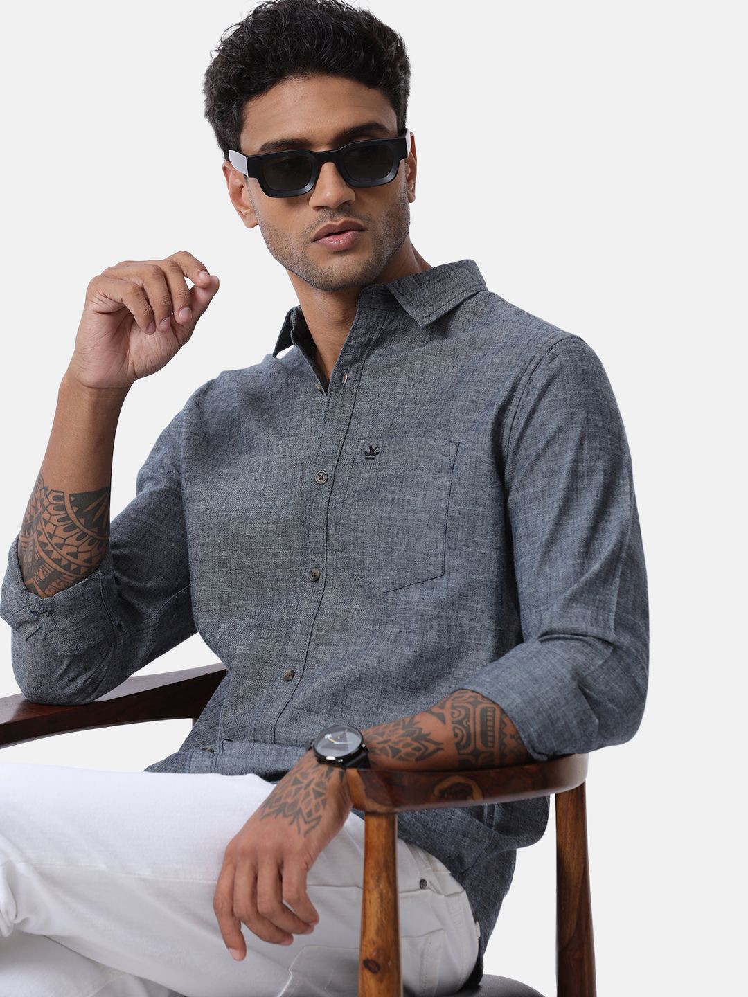 

WROGN Men Custom Spread Collar Solid Cotton Casual Shirt, Grey