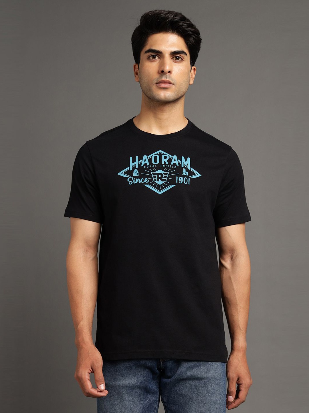 

Royal Enfield Men Typography Printed Applique T-shirt, Black