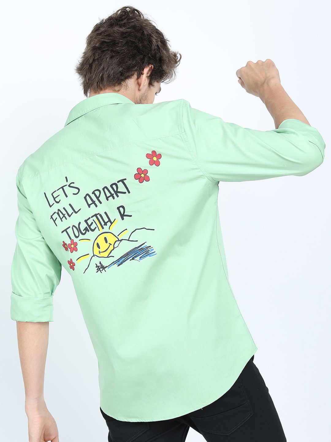 

HIGHLANDER Men Spread Collar Typography Printed Cotton Slim Fit Casual Shirt, Green