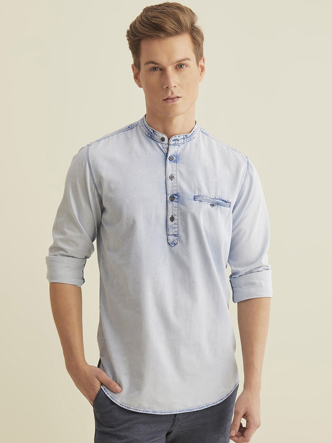 

Red Flame Men Thread Work Pathani Kurta, Blue