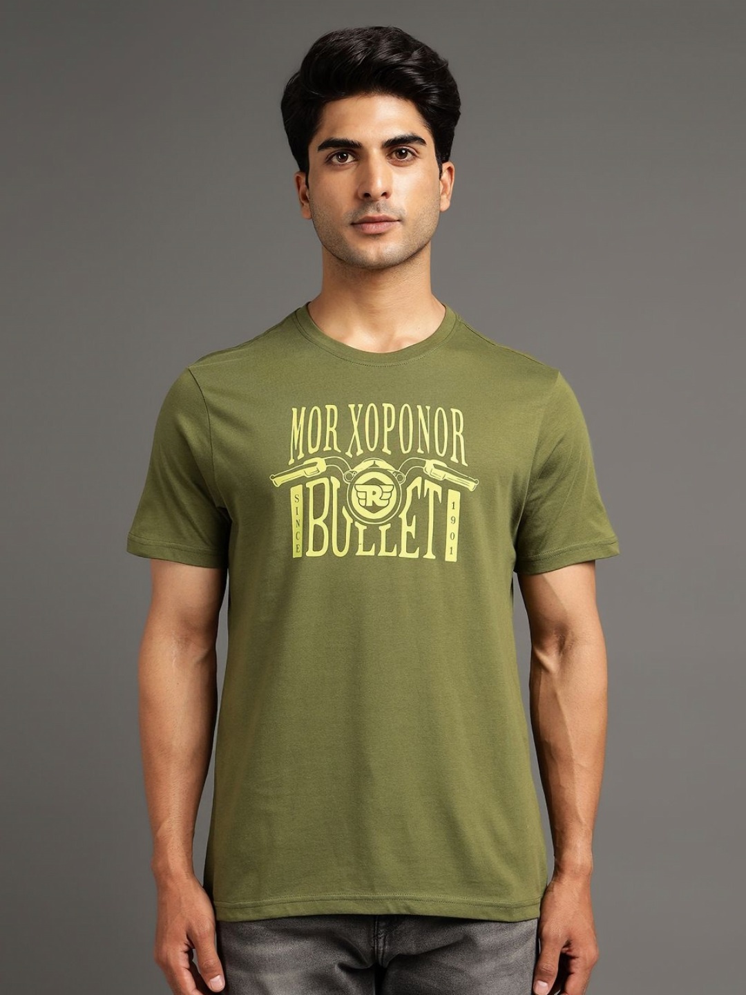 

Royal Enfield Men Typography Printed Raw Edge T-shirt, Olive