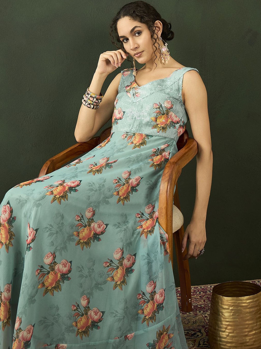 

Sangria Floral Printed Maxi Ethnic Dresses, Sea green