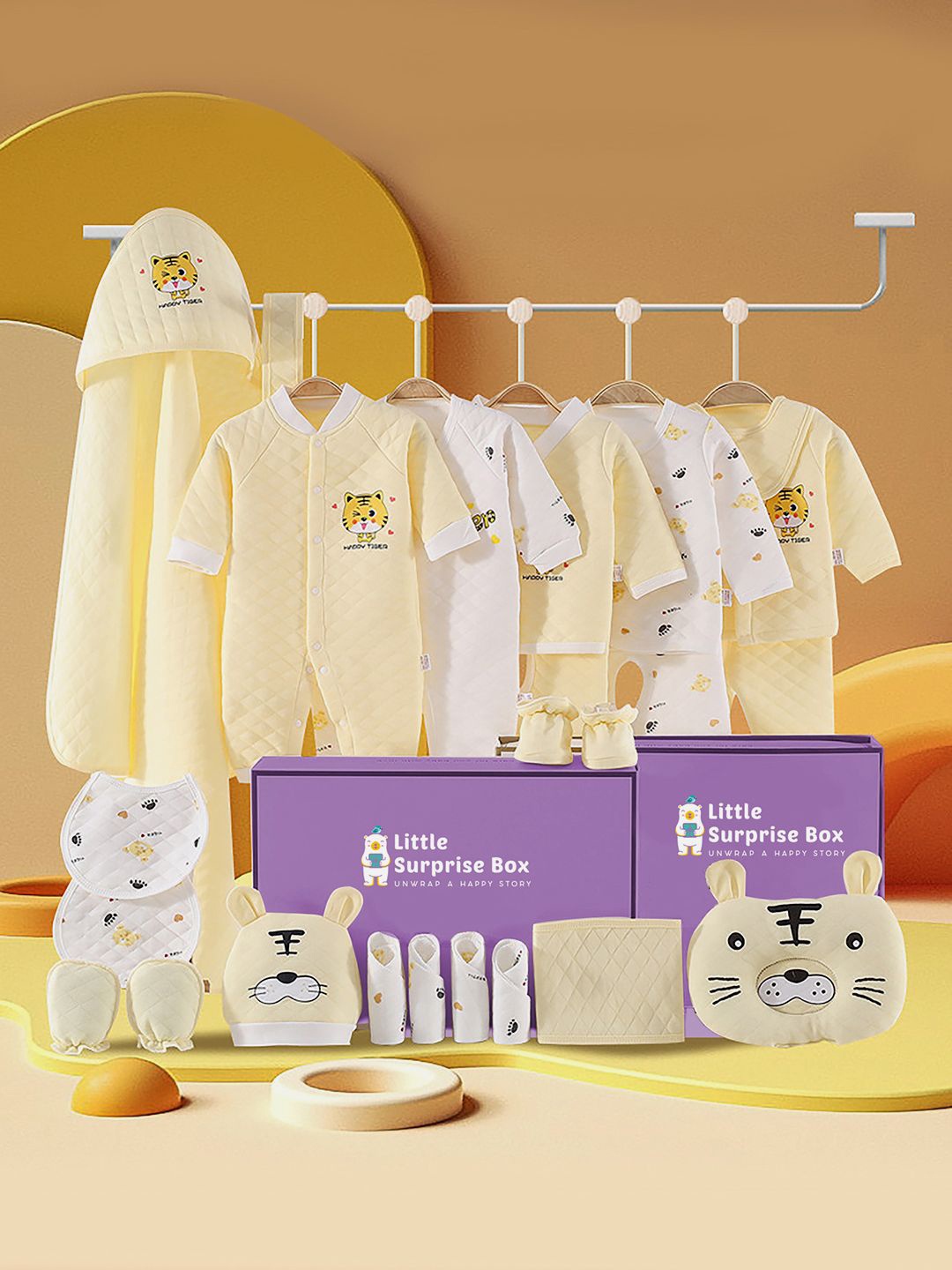 

Little Surprise Box 22 Pcs 3D Ear Rabbit Newborn Baby Winter Wear Gift Hamper Box, Yellow