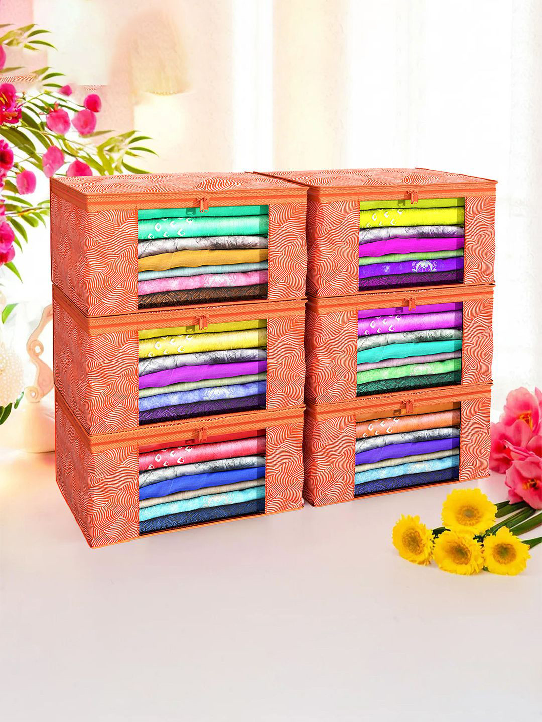 

Kuber Industries Orange & White 6 Pieces Printed Foldable Multi Utility Organisers