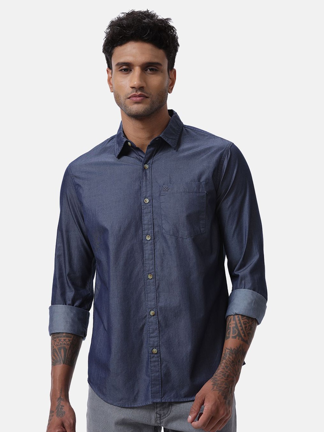 

WROGN Men Custom Spread Collar Solid Cotton Casual Shirt, Navy blue