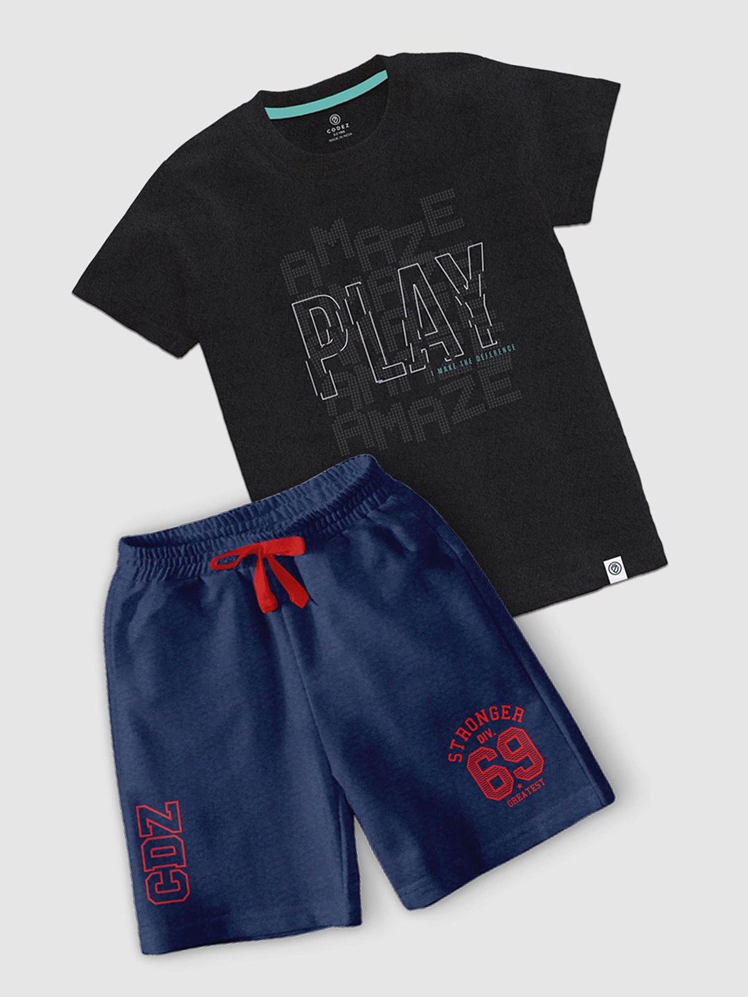 

CODEZ Boys Printed Round Neck T-shirt with Shorts, Black
