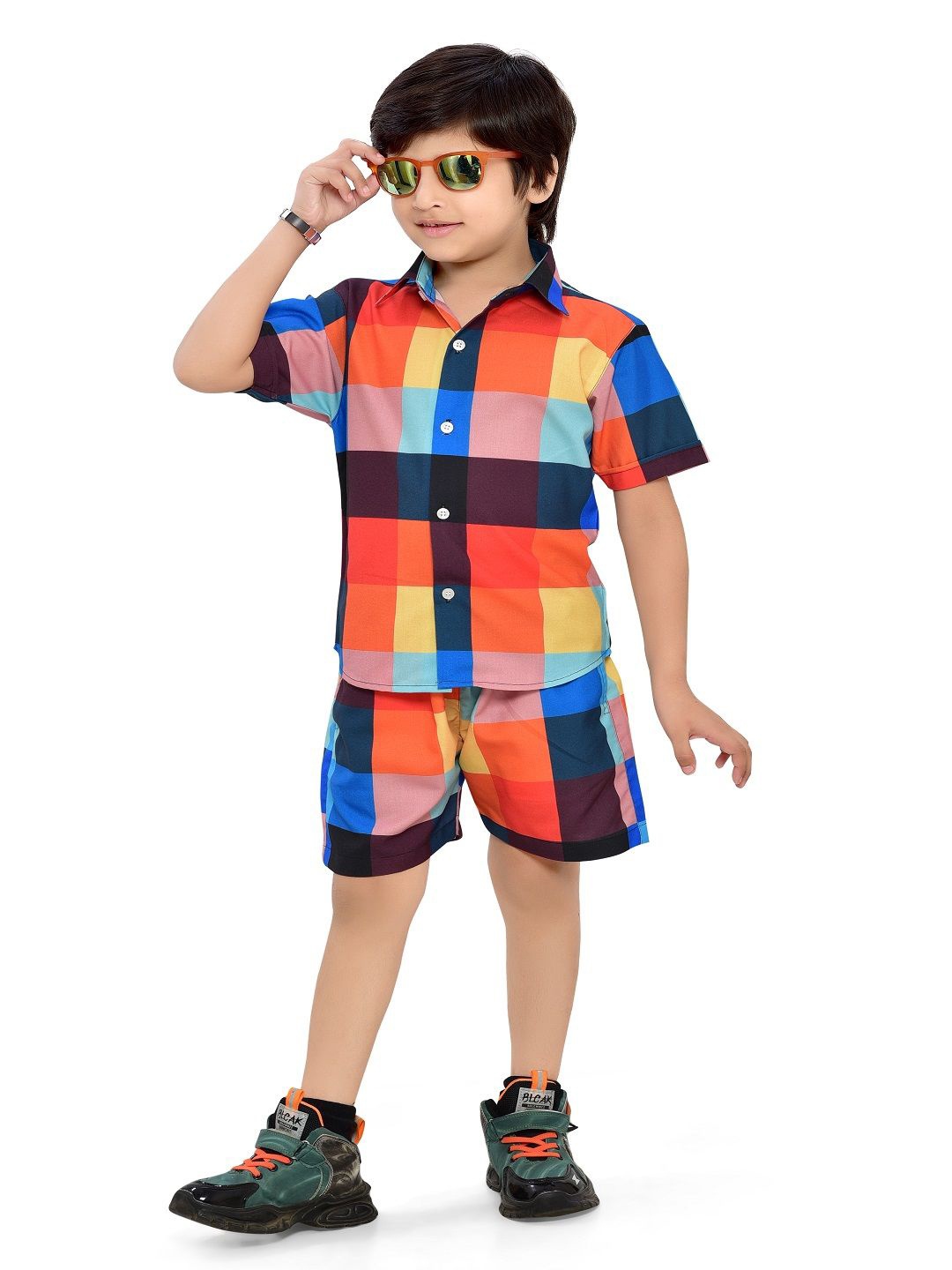 

BAESD Boys Checked Pure Cotton Shirt with Shorts, Blue