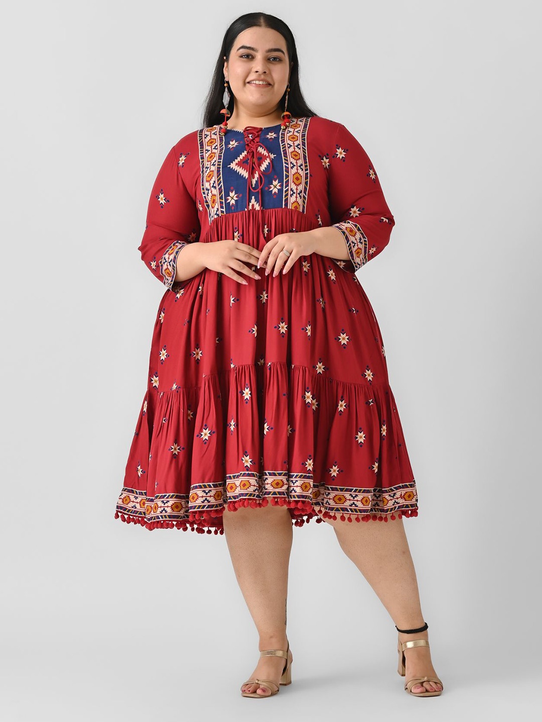 

Shape of me by Rustorange Plus Size Ethnic Motifs Fit & Flare Midi Ethnic Dress, Maroon