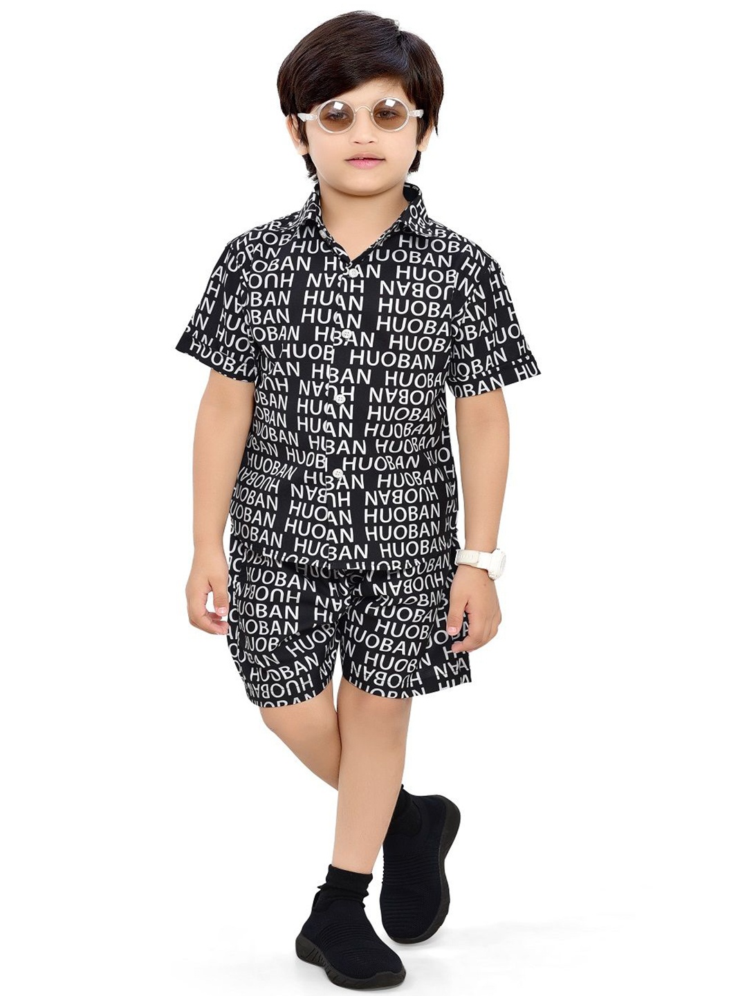 

BAESD Boys Typhography Printed Pure Cotton Shirt with Shorts, Black