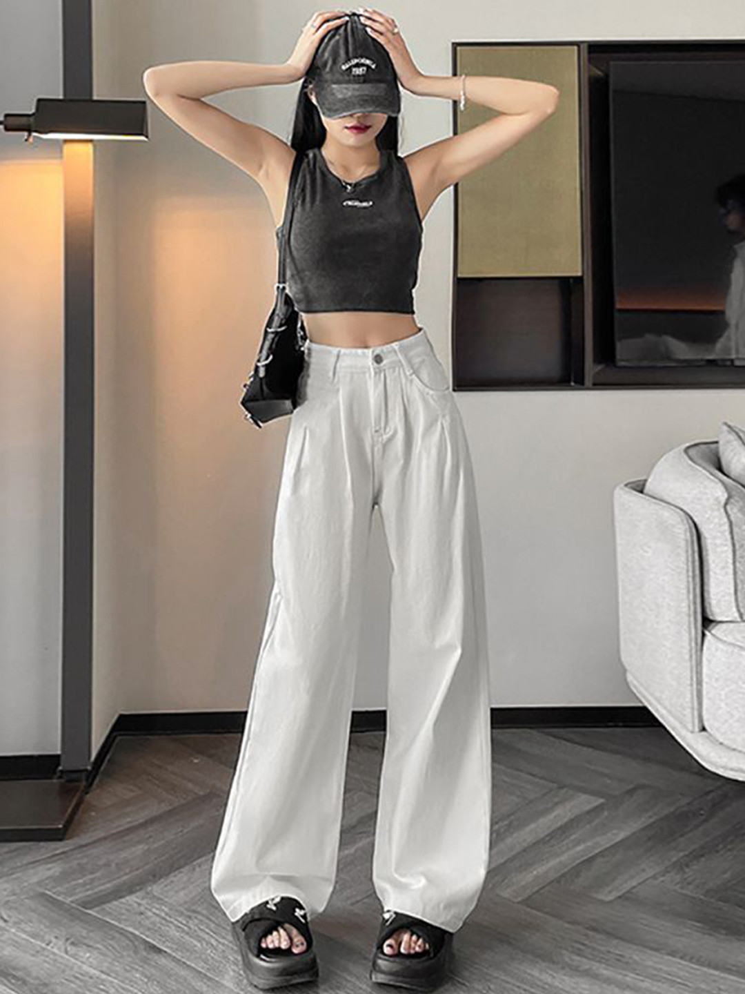 

StyleCast x Revolte Women Wide Leg Low Distress Jeans, Off white