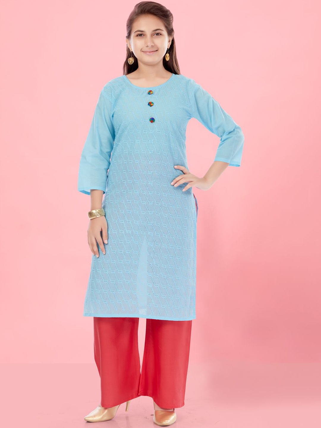 

BAESD Girls Striped Gotta Patti Kurta, Turquoise blue