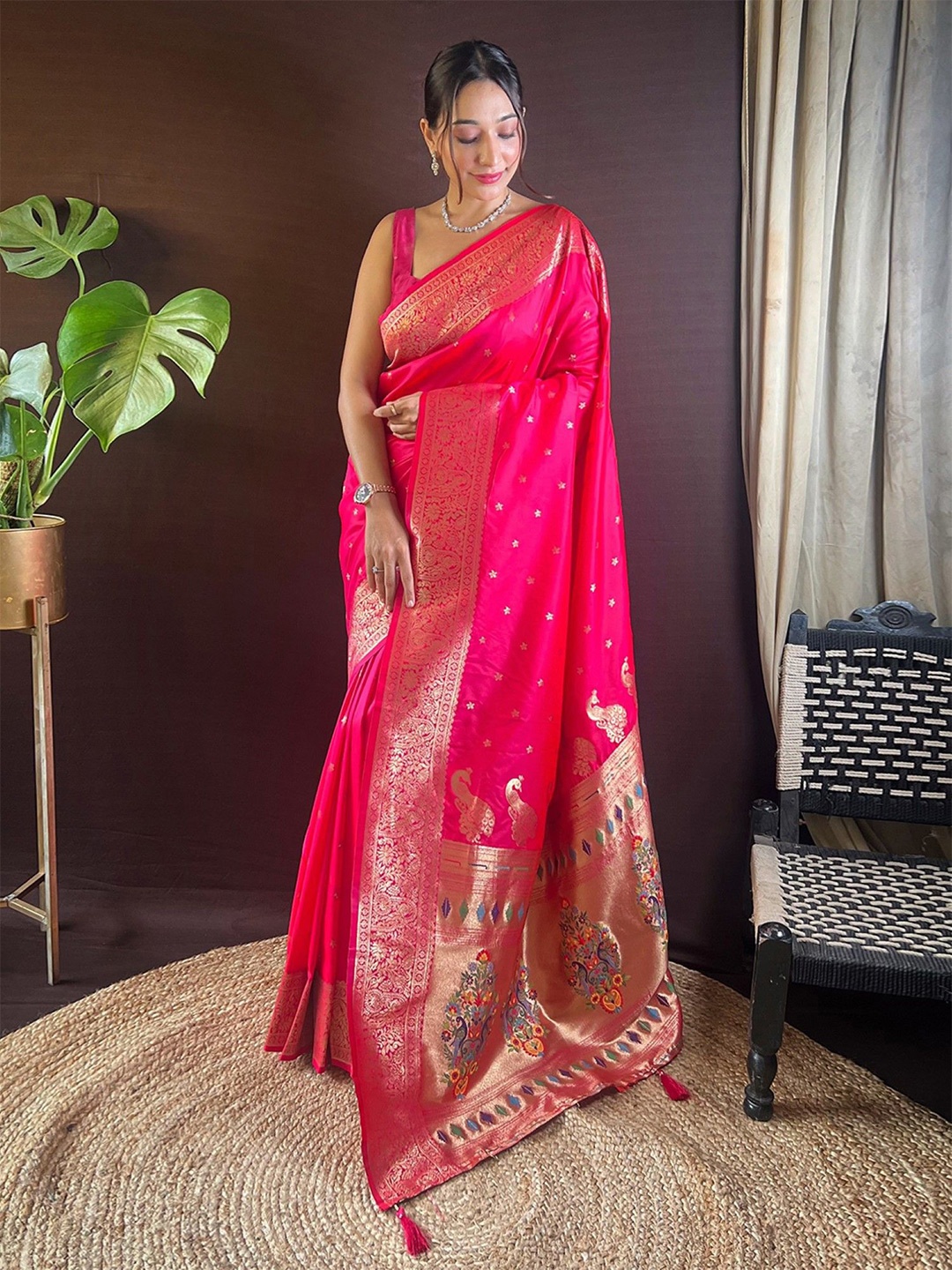 

Mitera Woven Design Zari Paithani Saree With Blouse Piece, Pink