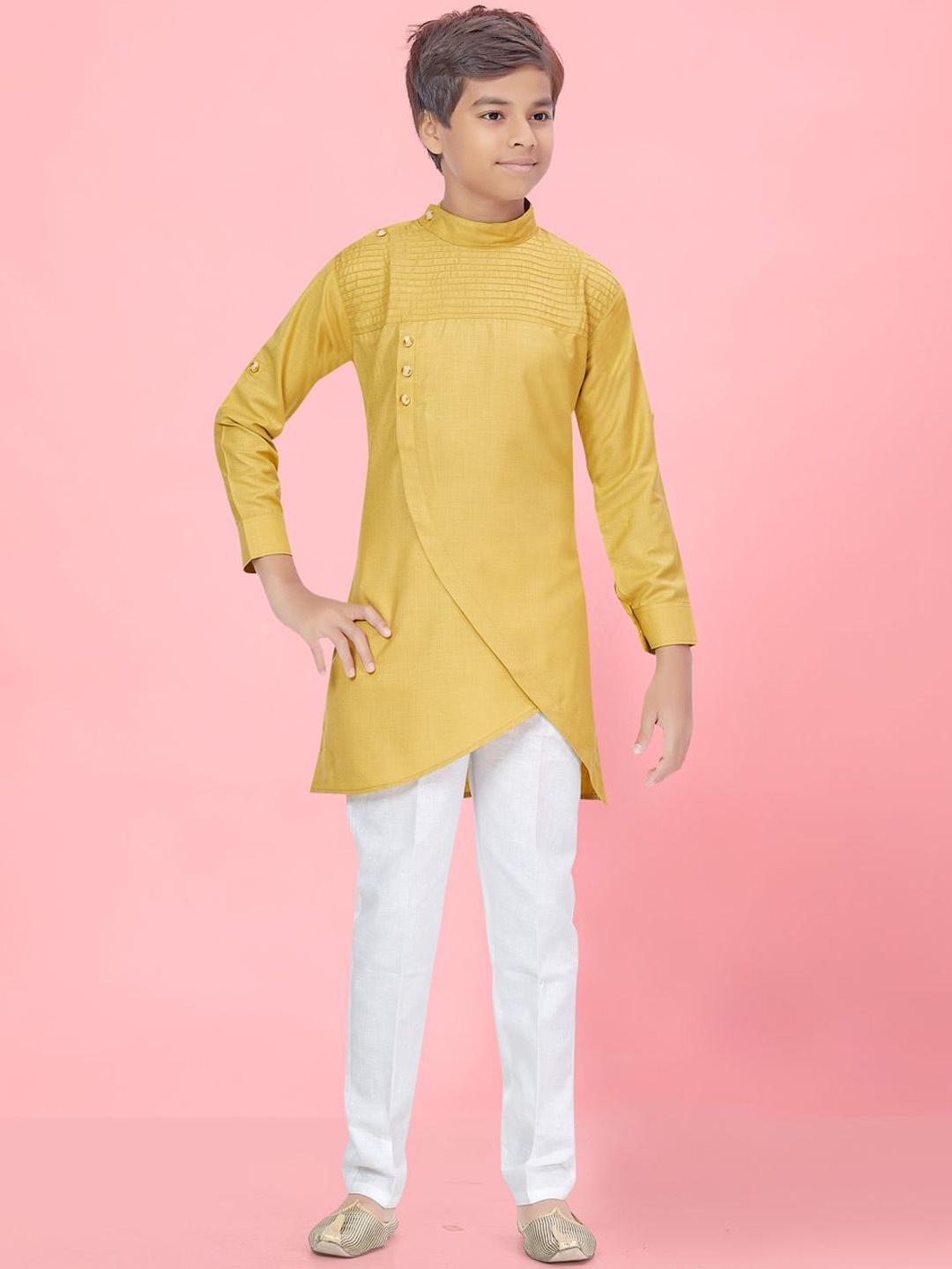 

BAESD Boys Angrakha Mandarin Collar Roll-Up Sleeves Pure Cotton Kurta With Pyjamas, Yellow