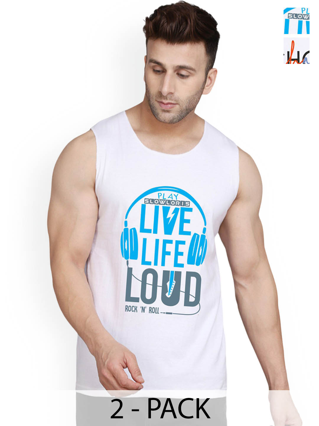 

SLOWLORIS Pack Of 2 Men Printed Gym Vests, White