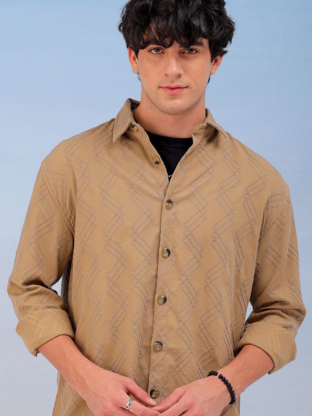 

The Indian Garage Co Men Relaxed Fit Dobby Textured Resortwear Shirt, Khaki