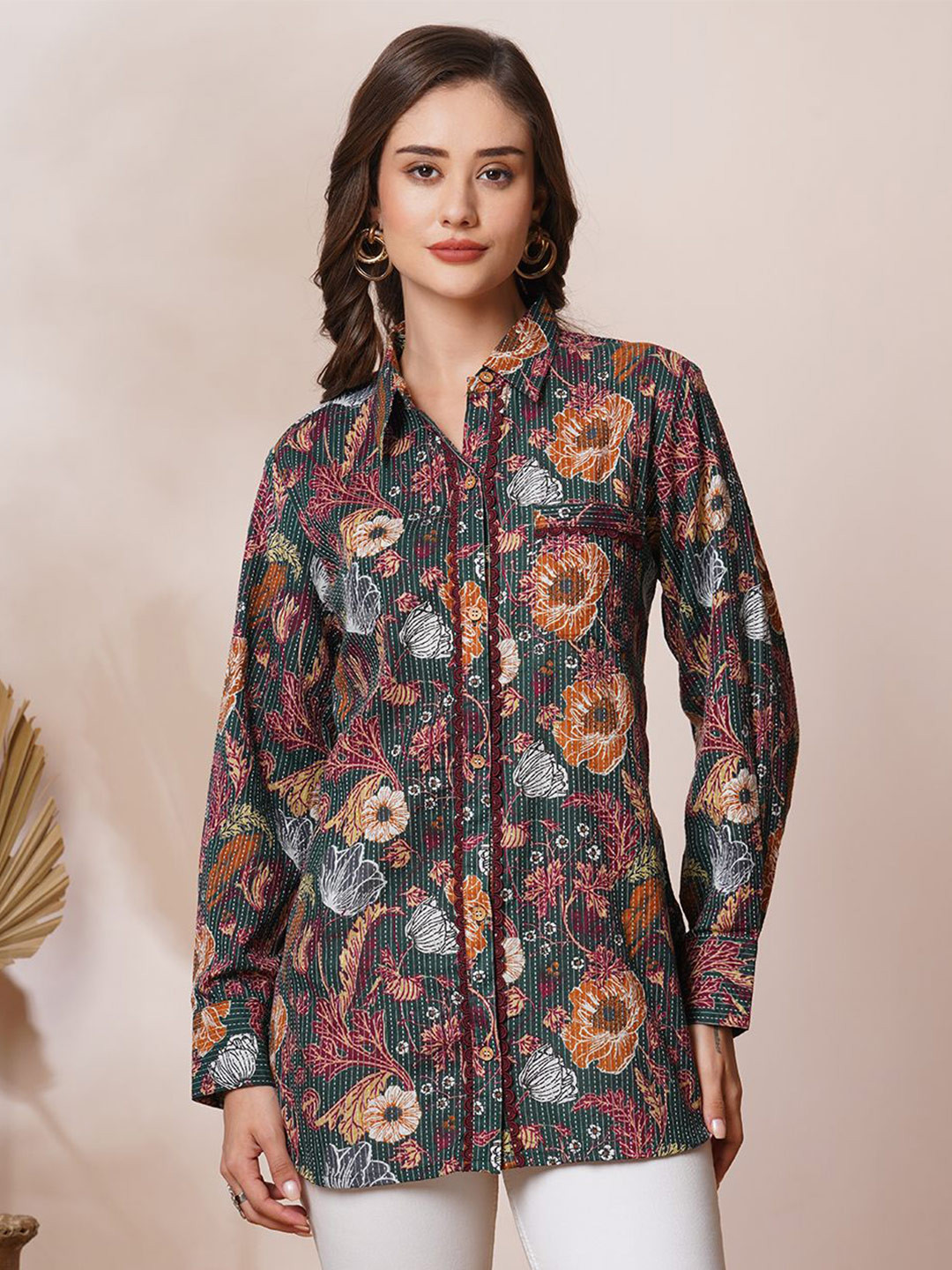 

FASHOR Floral Printed Shirt Collar Kantha Work Pure Cotton Kantha Work Kurti, Green