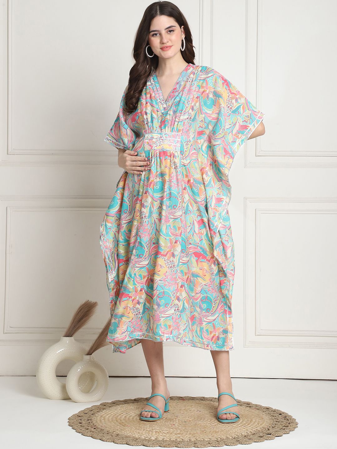 

Secret Wish Floral Printed Maternity Kaftan Midi Dress, Blue