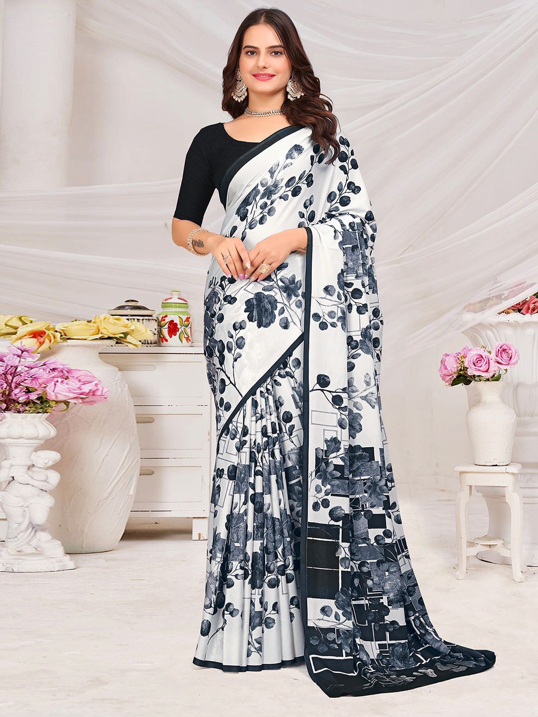 

Mitera Printed Floral Pure Crepe Saree, White