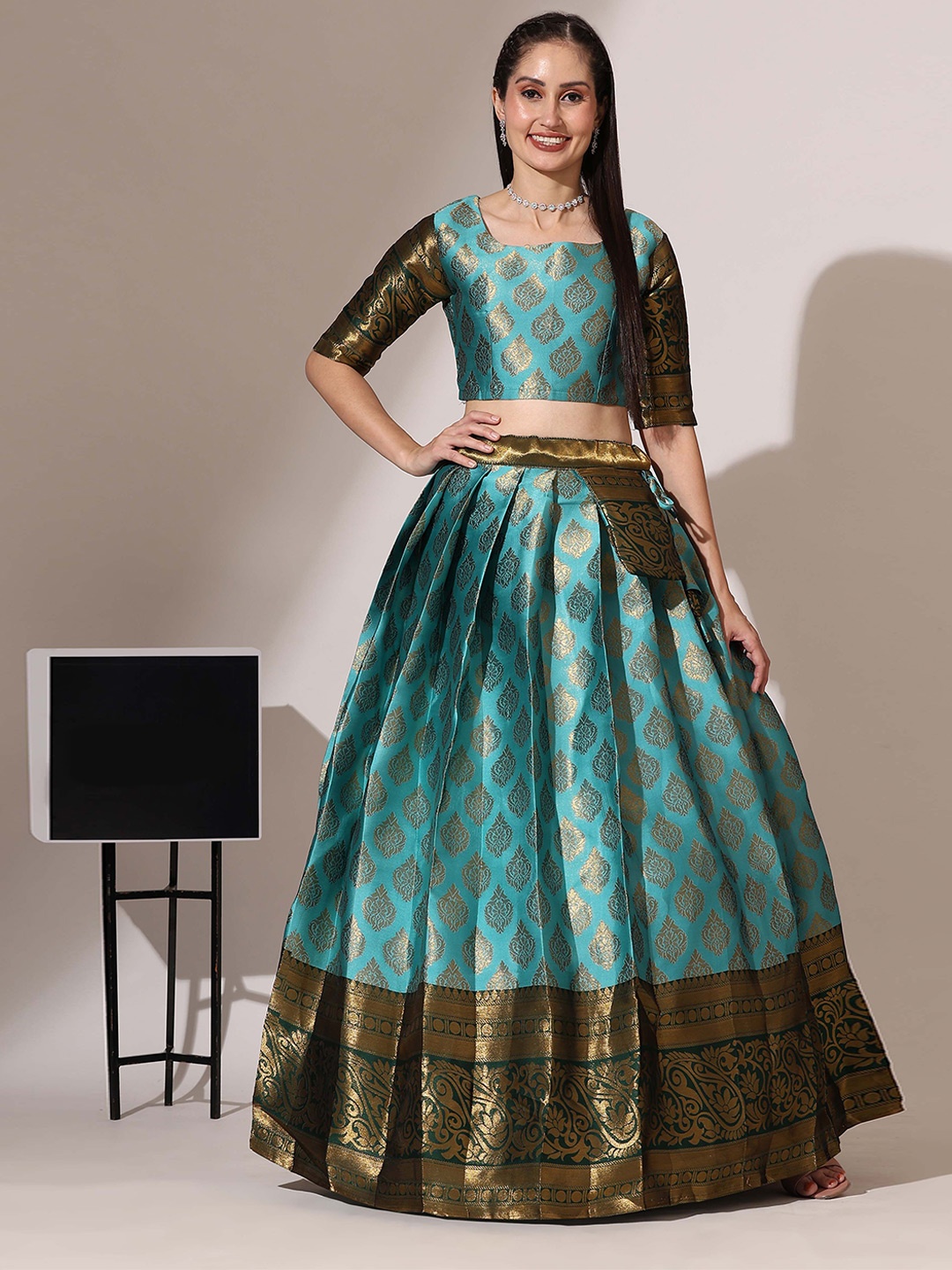 

Fabcartz Ethnic Motifs Woven Design Zari Semi-Stitched Lehenga & Unstitched Blouse Dupatta, Sea green