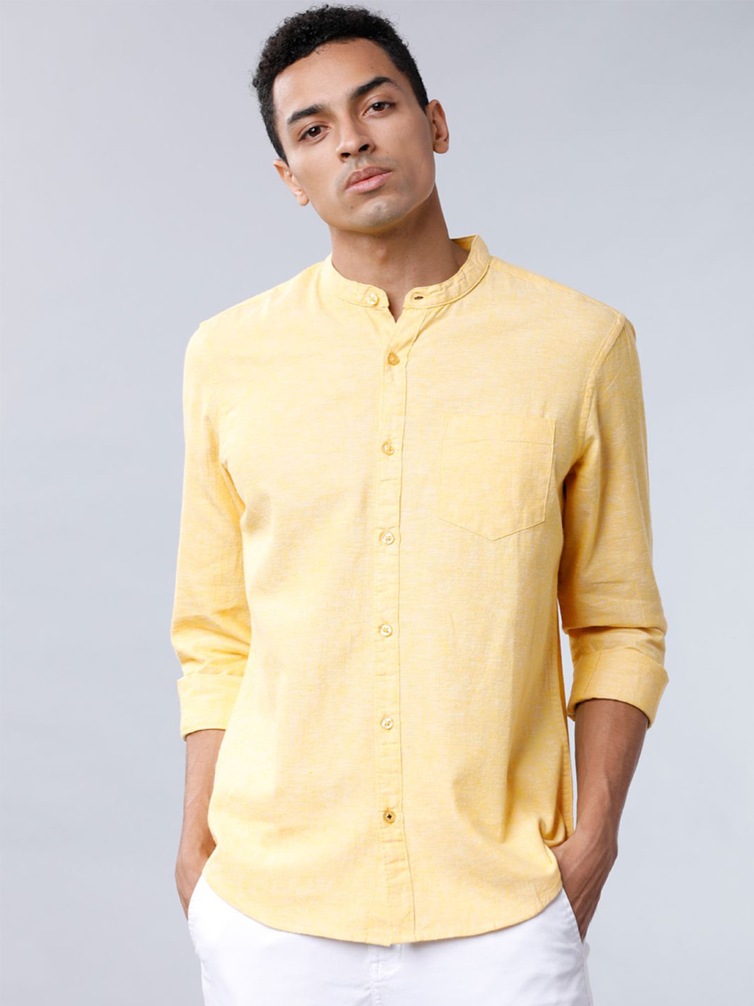 

HIGHLANDER Men Mandarin Collar Solid Cotton Linen Slim Fit Casual Shirt, Yellow