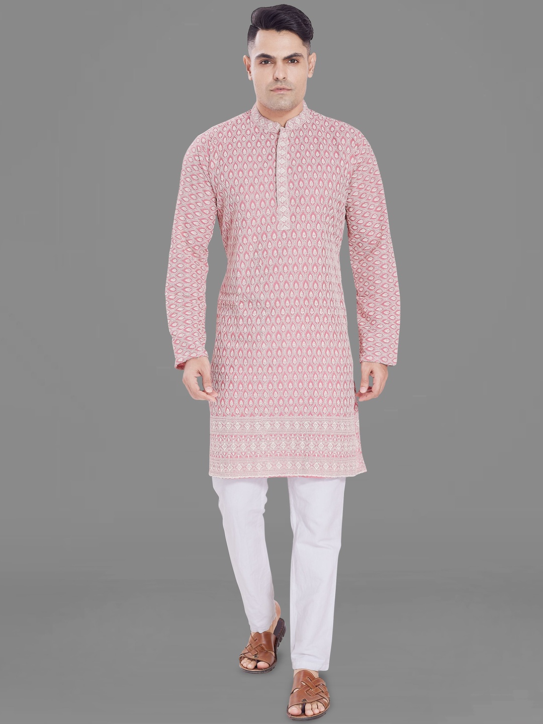 

DIVISIVE Men Thread Work Kurta, Coral