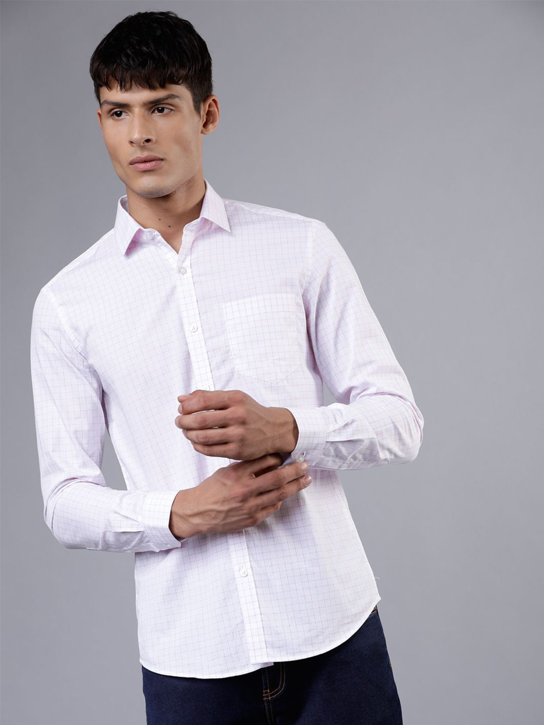 

HIGHLANDER Men Spread Collar Micro Checked Cotton Slim Fit Casual Shirt, White