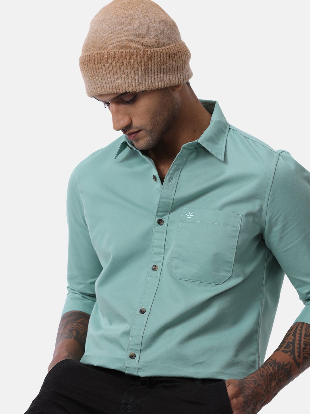 

WROGN Men Custom Spread Collar Solid Cotton Casual Shirt, Olive