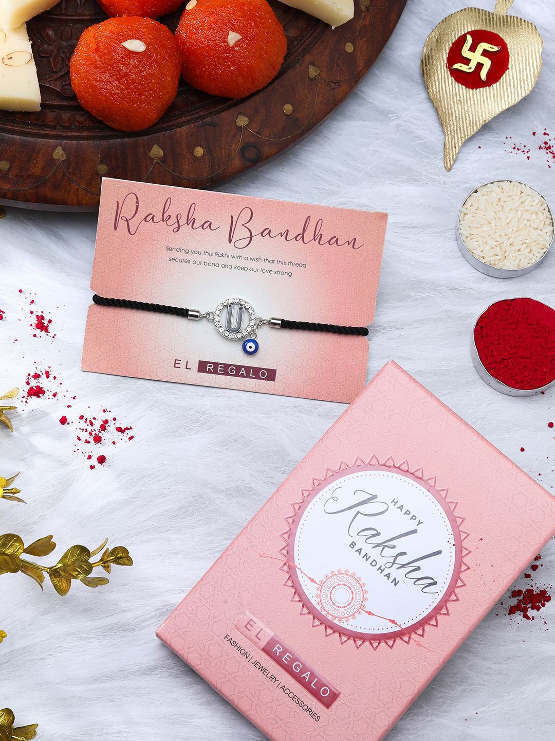 

EL REGALO U Letter Rakhi Gift Set, Silver