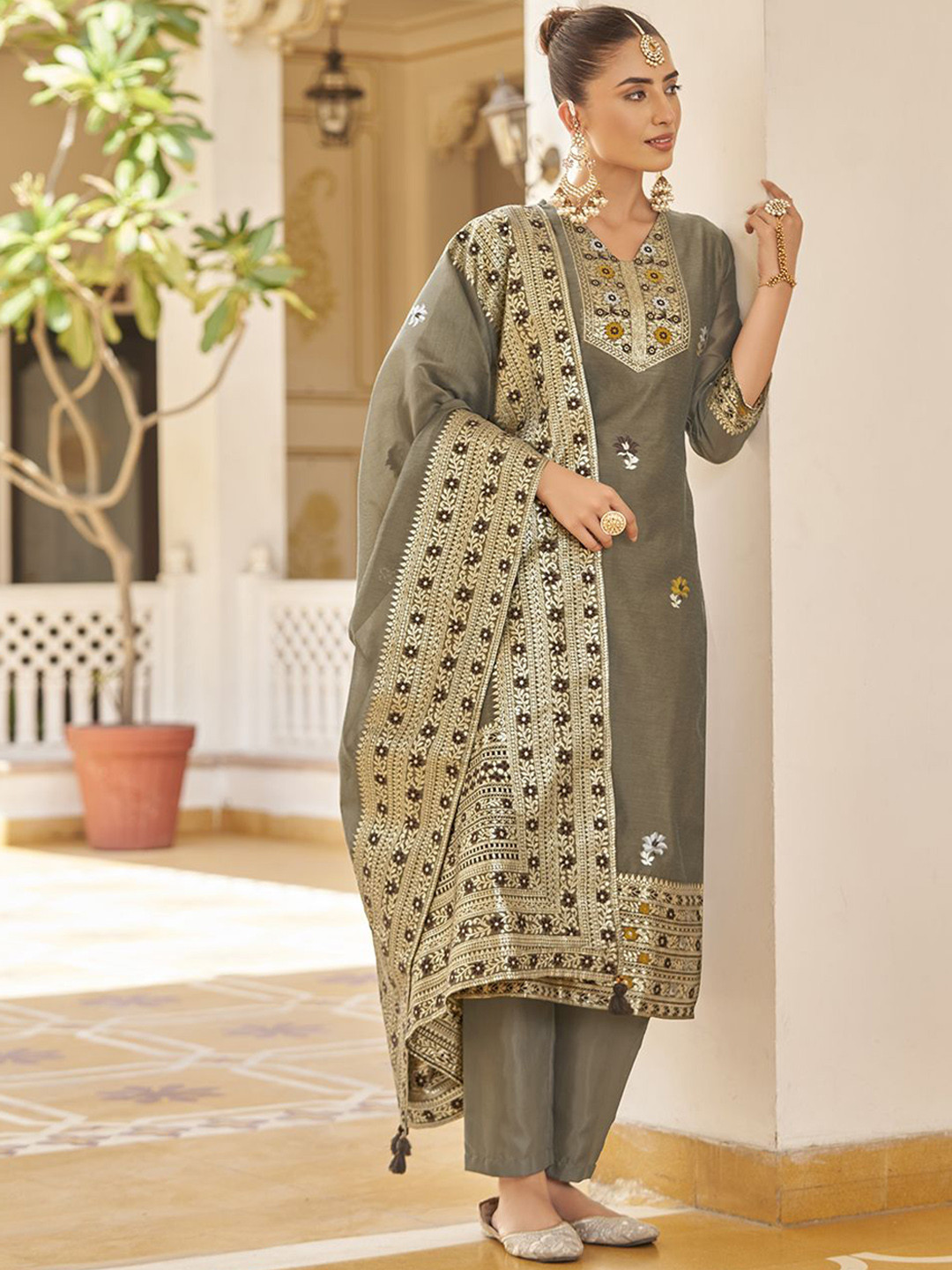 

Shaily Floral Woven Design V-Neck Straight Kurta With Trousers & Dupatta, Grey
