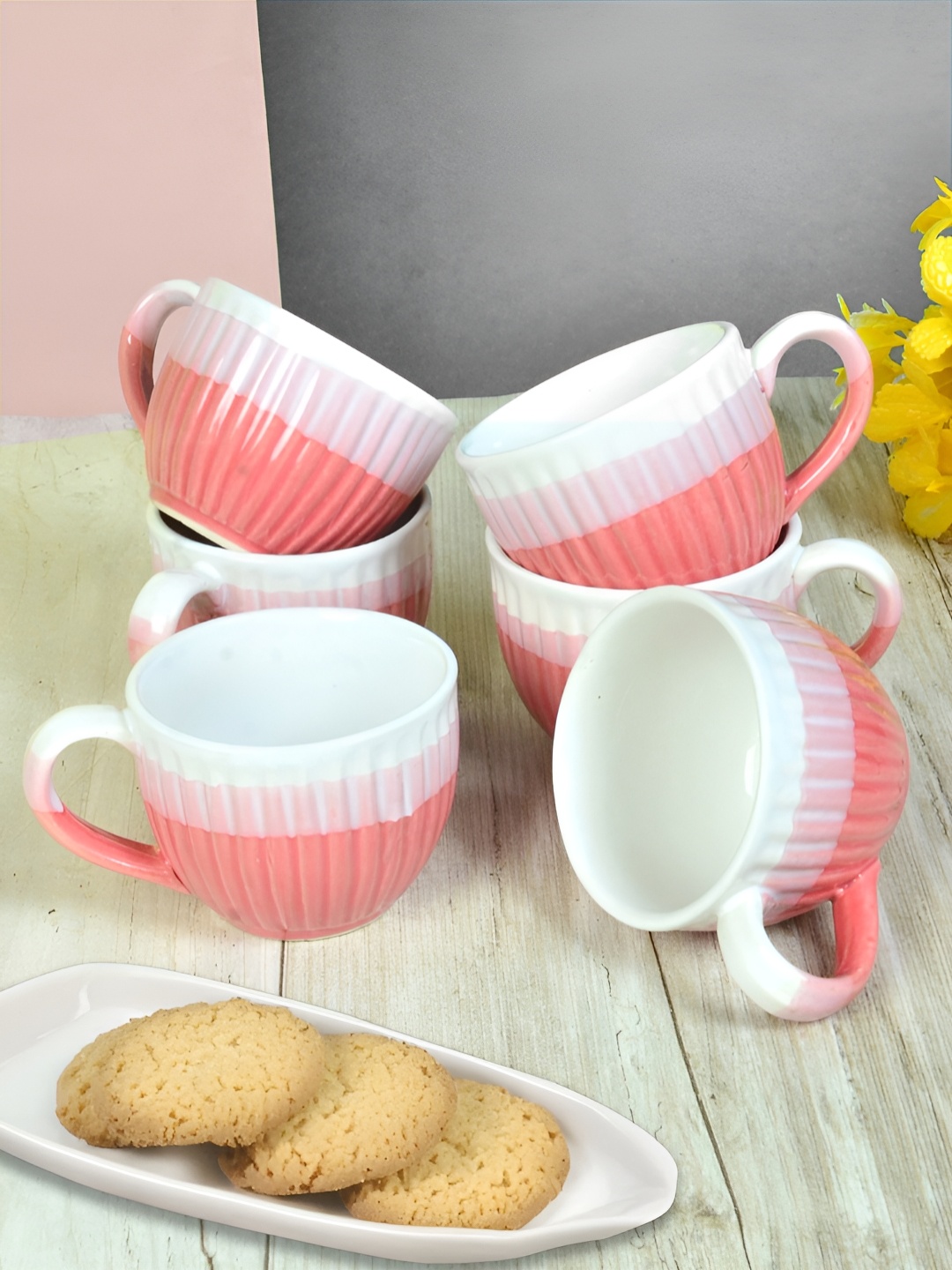 

FABINALIV Set of 6 Pink & White Textured Ceramics Glossy Cups