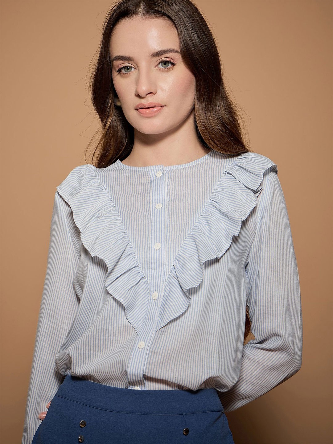 

URBANGRACE BY KASSUALLY Women Standard Collarless Striped Cotton Formal Shirt, Blue