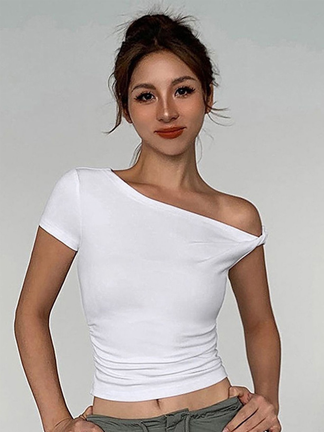 

LULU & SKY Women Solid One Shoulder Top, White