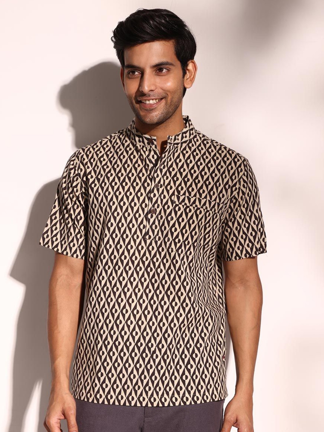 

Fabindia Men Comfort Mandarin Collar Abstract Printed Cotton Relaxed Fit Casual Shirt, Beige