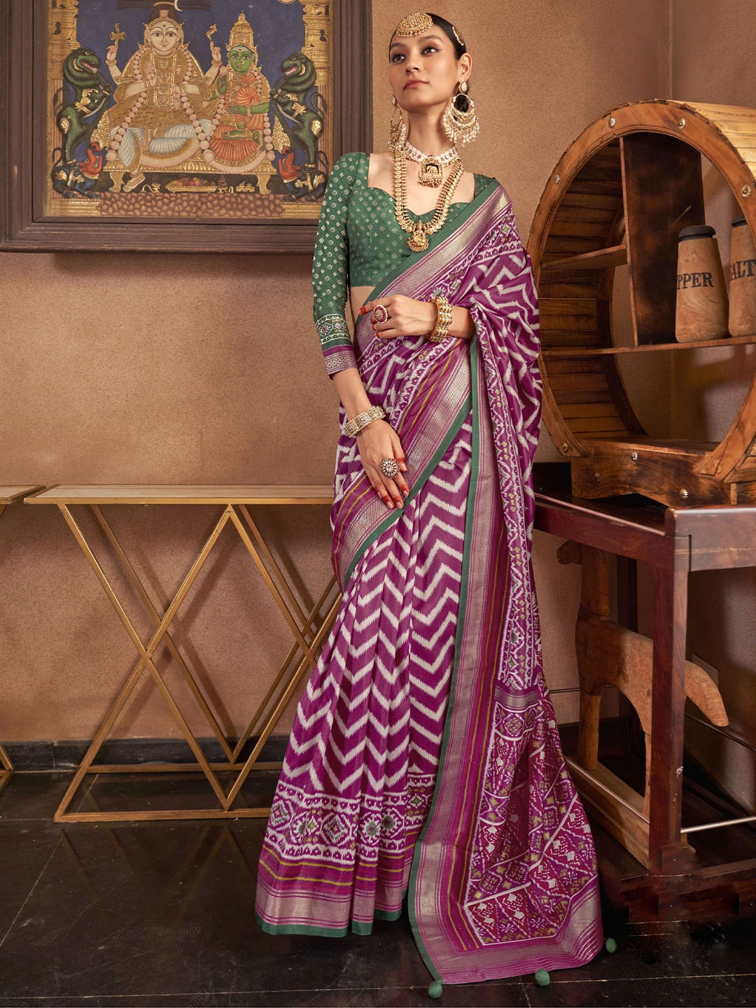 

Mitera Zari Silk Blend Patola Saree, Purple