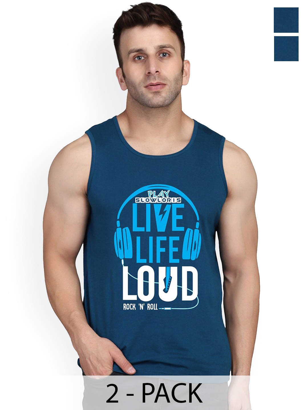 

SLOWLORIS Pack Of 2 Men Printed Gym Vests, Teal