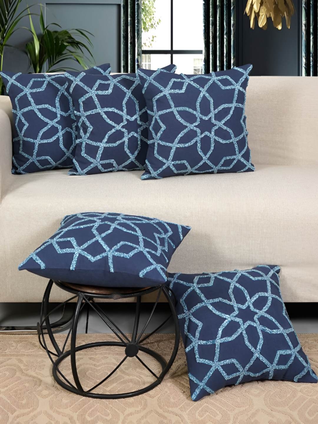 

Ode & Cleo Blue 5 Pieces Embroidered Square Cushion Covers