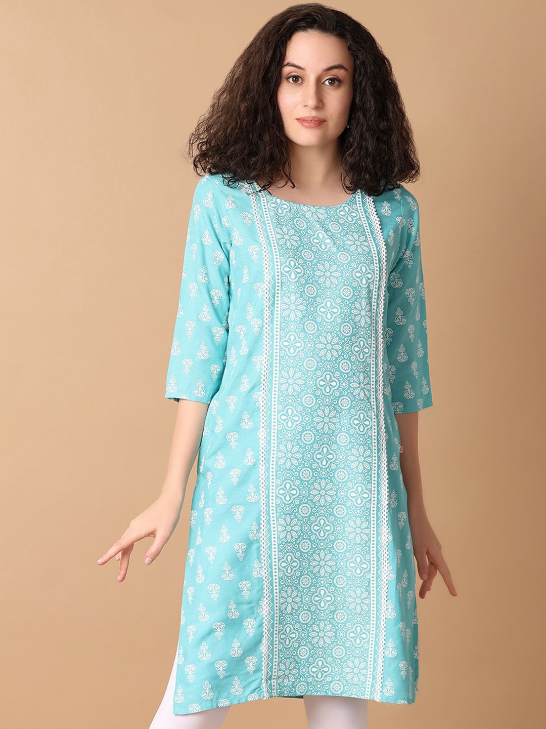 

UNLIMITED Floral Printed Round Neck Straight Kurta, Turquoise blue