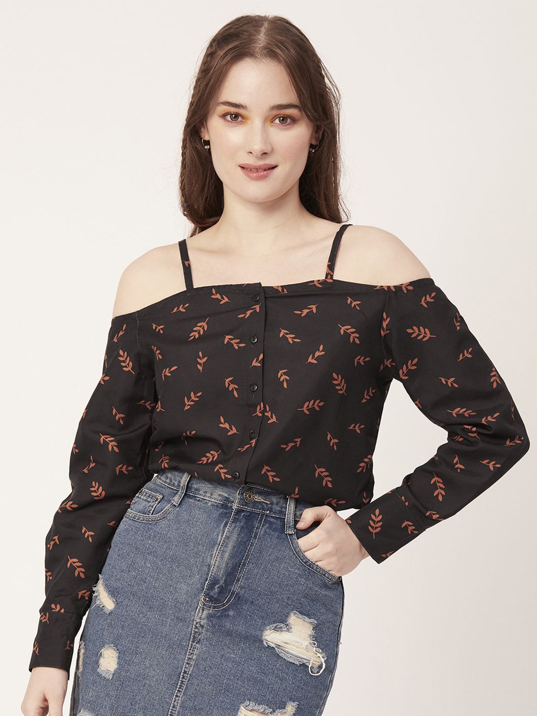 

Moomaya Women Tropical Printed Shoulder Straps Top, Black