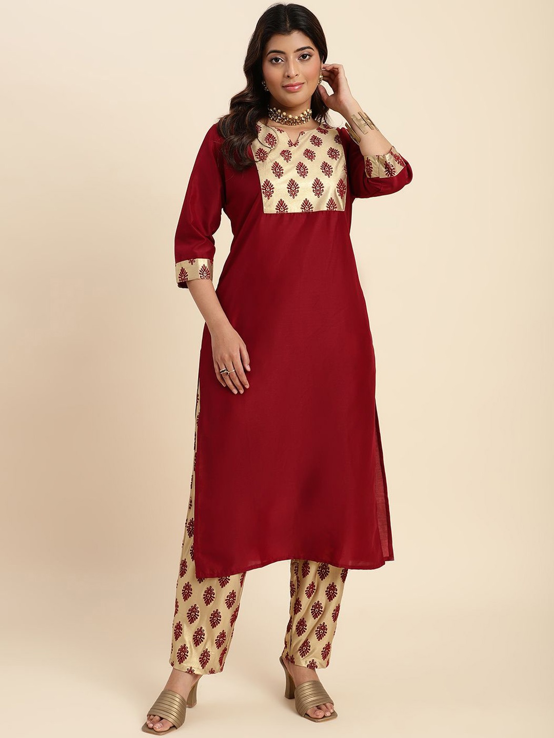 

V TRADITION Women Floral Yoke Design Regular Kurti with Trousers, Maroon