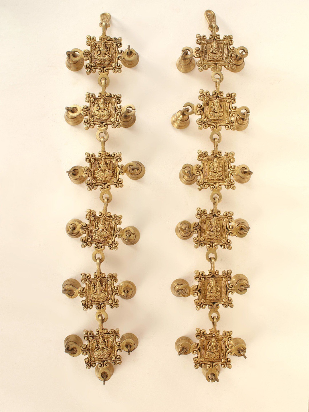 

Exotic India 26" Brass Pair of Ganesha Lakshmi Wall Hanging Bells, Gold
