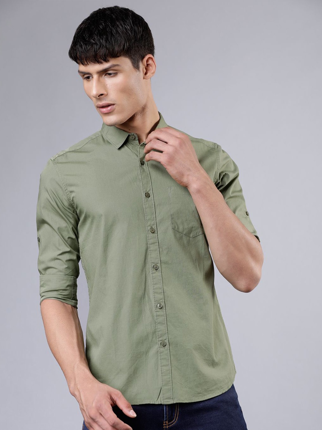 

HIGHLANDER Men Spread Collar Solid Cotton Slim Fit Casual Shirt, Olive