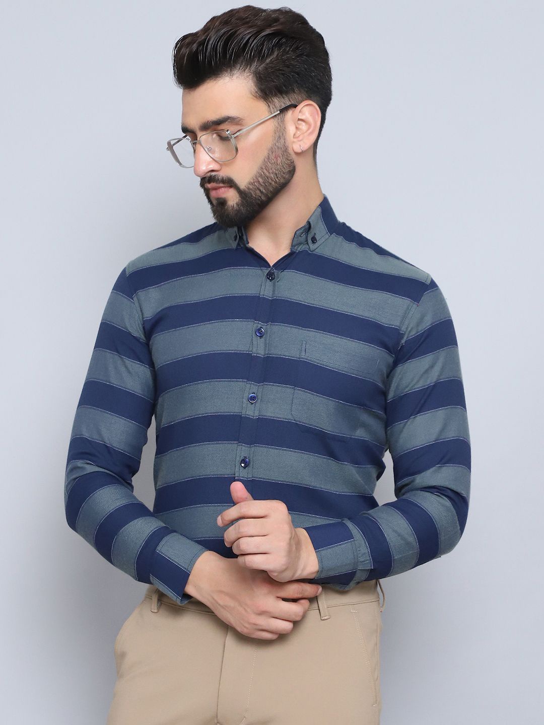 

Indian Needle Men Classic Button-Down Collar Striped Cotton Formal Shirt, Blue